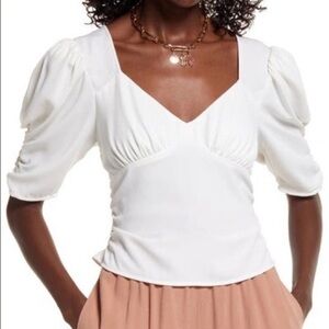 NWT Open Edit Shirred Puff Sleeve Top in Ivory White Summer Sweetheart Sz L